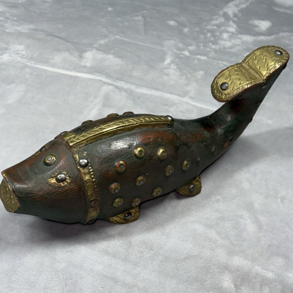 Wooden + Brass Accent Lg Carved Fish Hand Carved Figurine Distressed Green**